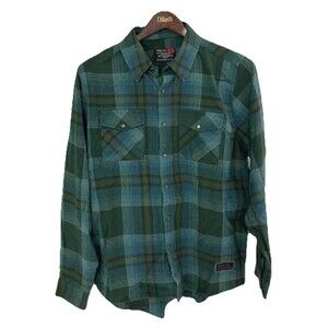 Men's Troll Co Flannel Shirt Pearl Snaps Green Teal Plaid Size Large Workwear